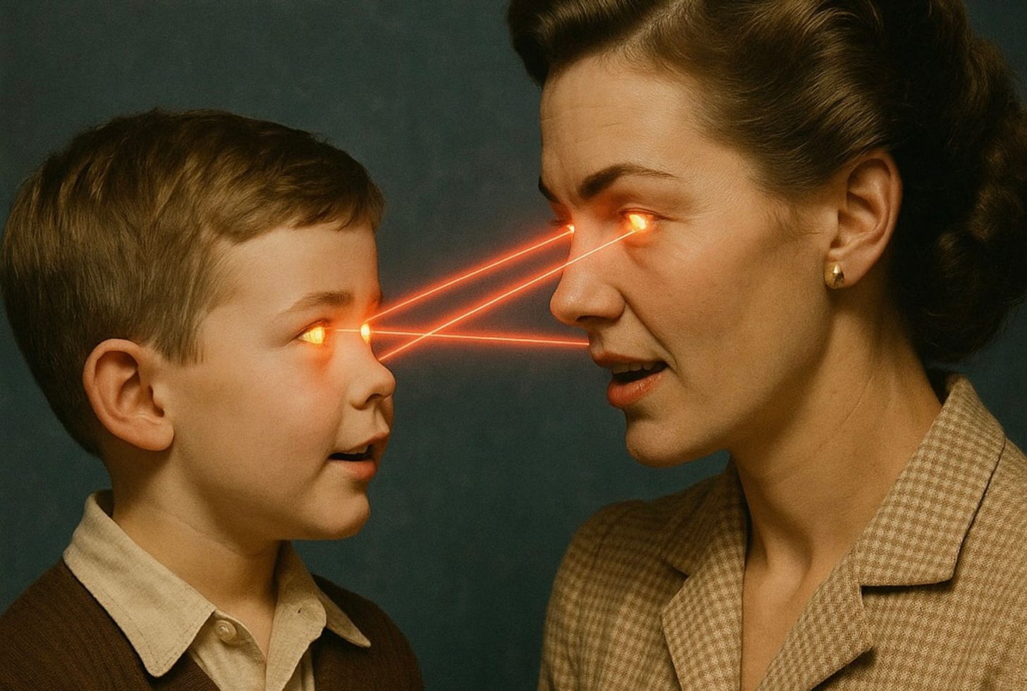 A '50s-style mother and child look at each other with red lasers shooting from their eyes.