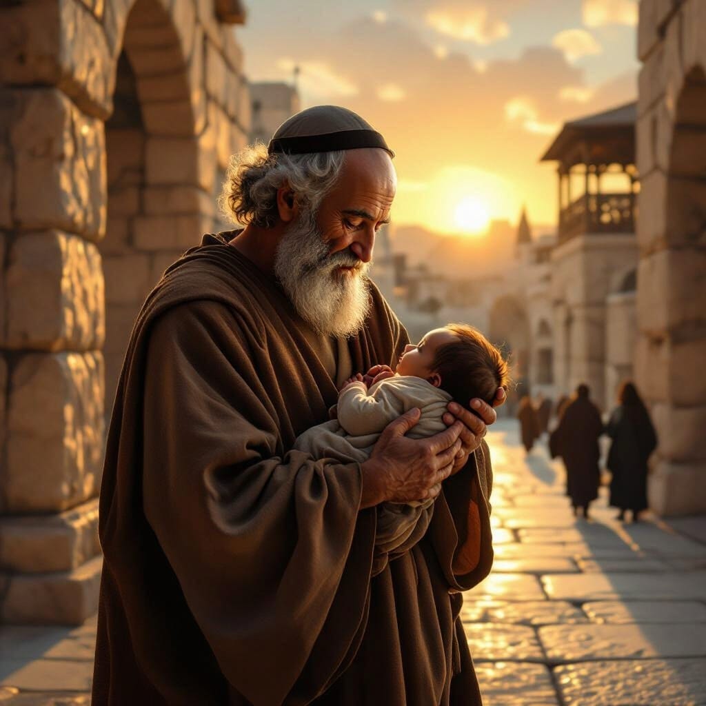 An elderly man with a white beard and wearing a brown robe gently cradles a baby in his arms between stone buildings at sunset. He looks down at the infant with tenderness while golden light glows behind them and a few distant figures walk along the stone walkway.