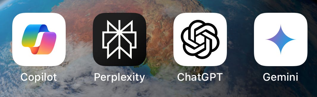 This image shows four AI assistant app icons—Copilot, Perplexity, ChatGPT, and Gemini—on a smartphone home screen. This image shows four AI assistant app icons—Copilot, Perplexity, ChatGPT, and Gemini—on a smartphone home screen.