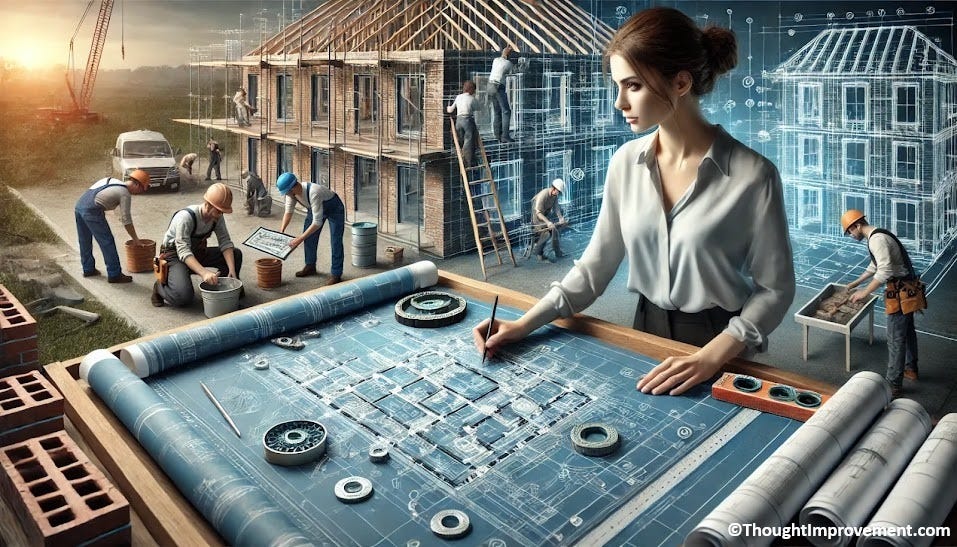 An architect working on blueprints while construction workers build behind her.