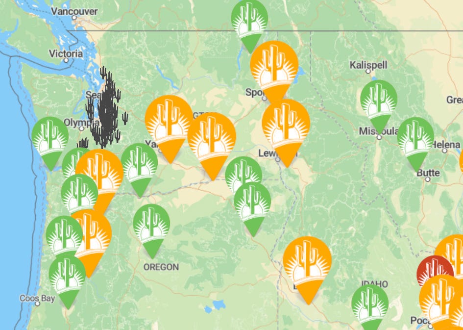 Map showing dark icons for Taco Time Northwest and colored icons for TacoTime OG. Map showing dark icons for Taco Time Northwest and colored icons for TacoTime OG.
