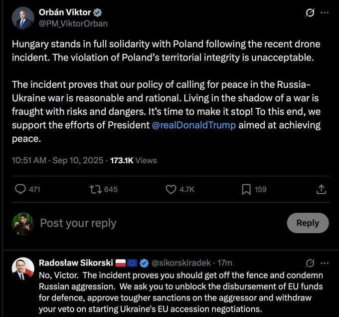 A screenshot of a Twitter/X post by Viktor Orbán. The post includes his profile picture, a photo of Viktor Orbán, and text stating Hungary’s solidarity with Poland regarding a drone incident, mentioning President Donald Trump. A reply from Radosław Sikorski is visible below, with his profile picture, a photo of Radosław Sikorski, and text addressing Viktor Orbán.