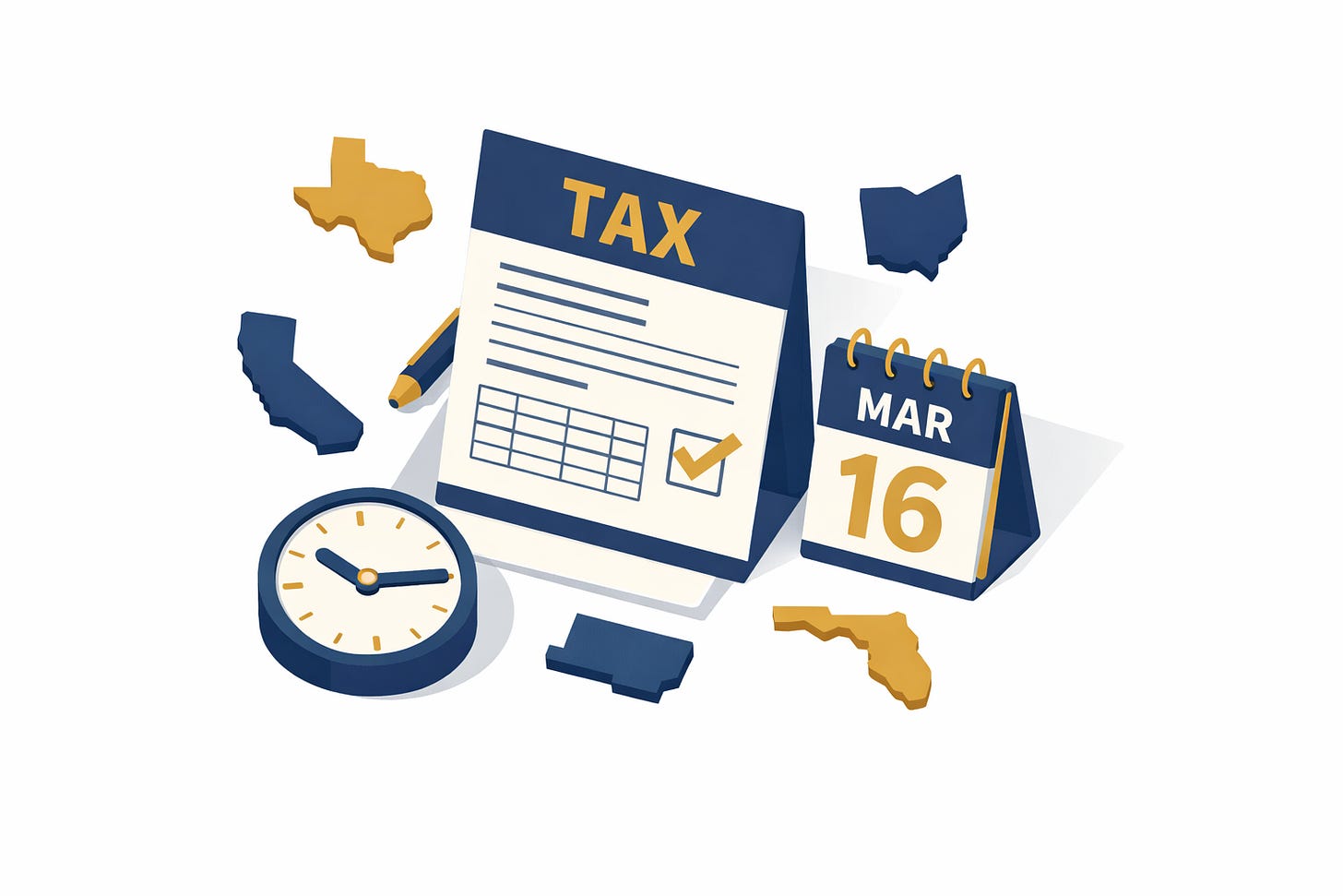 Abstract illustration of a tax form with a deadline calendar and state compliance symbols, representing 2025 LLC filing requirements