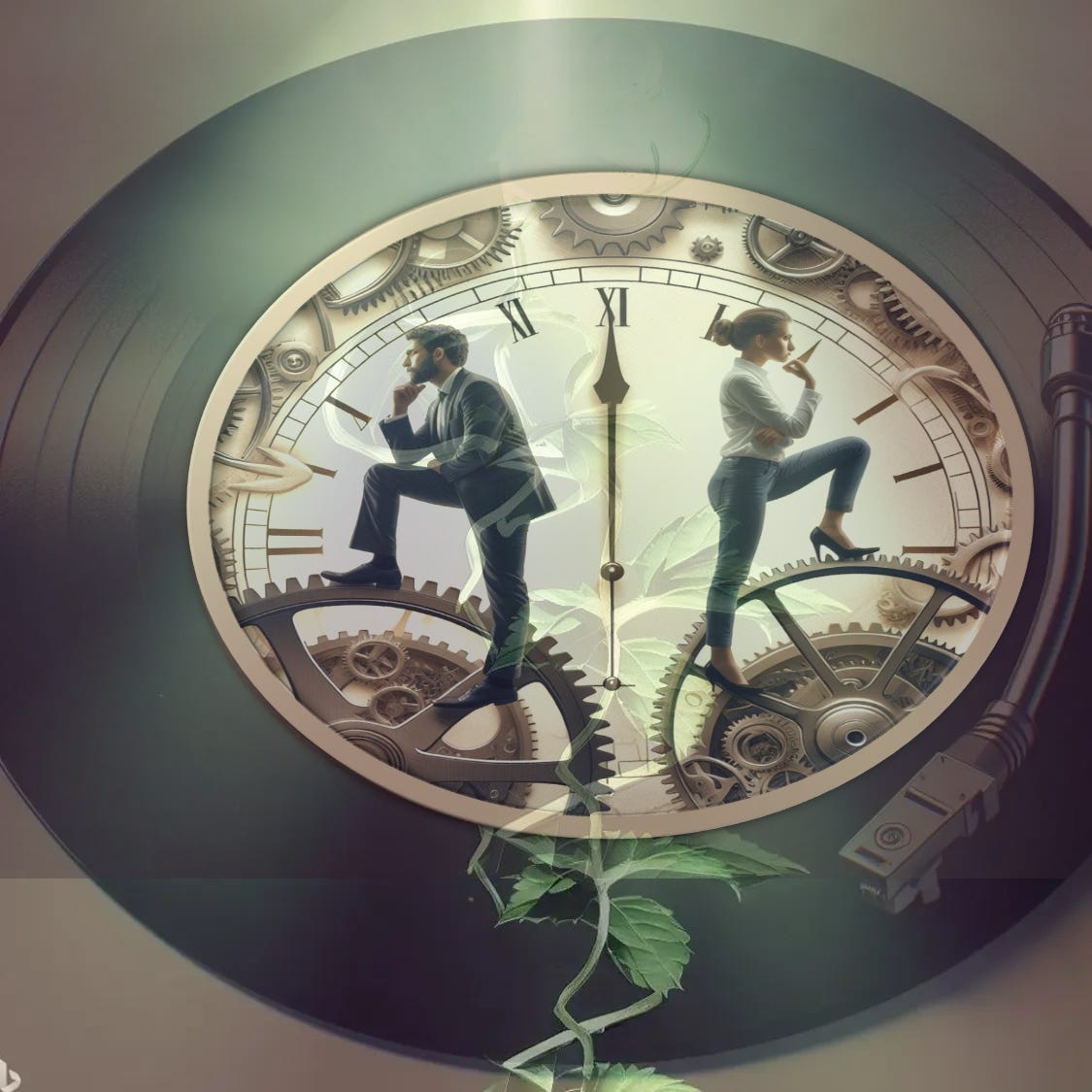 45 RPM record on a player. Label shows a clock face at 12 O'clock with gear mechanism around the face.  A man and a woman stand on gears, back to back, both deep in thought. 