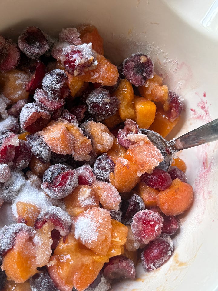 Prepping fruits for cherry apricot jam