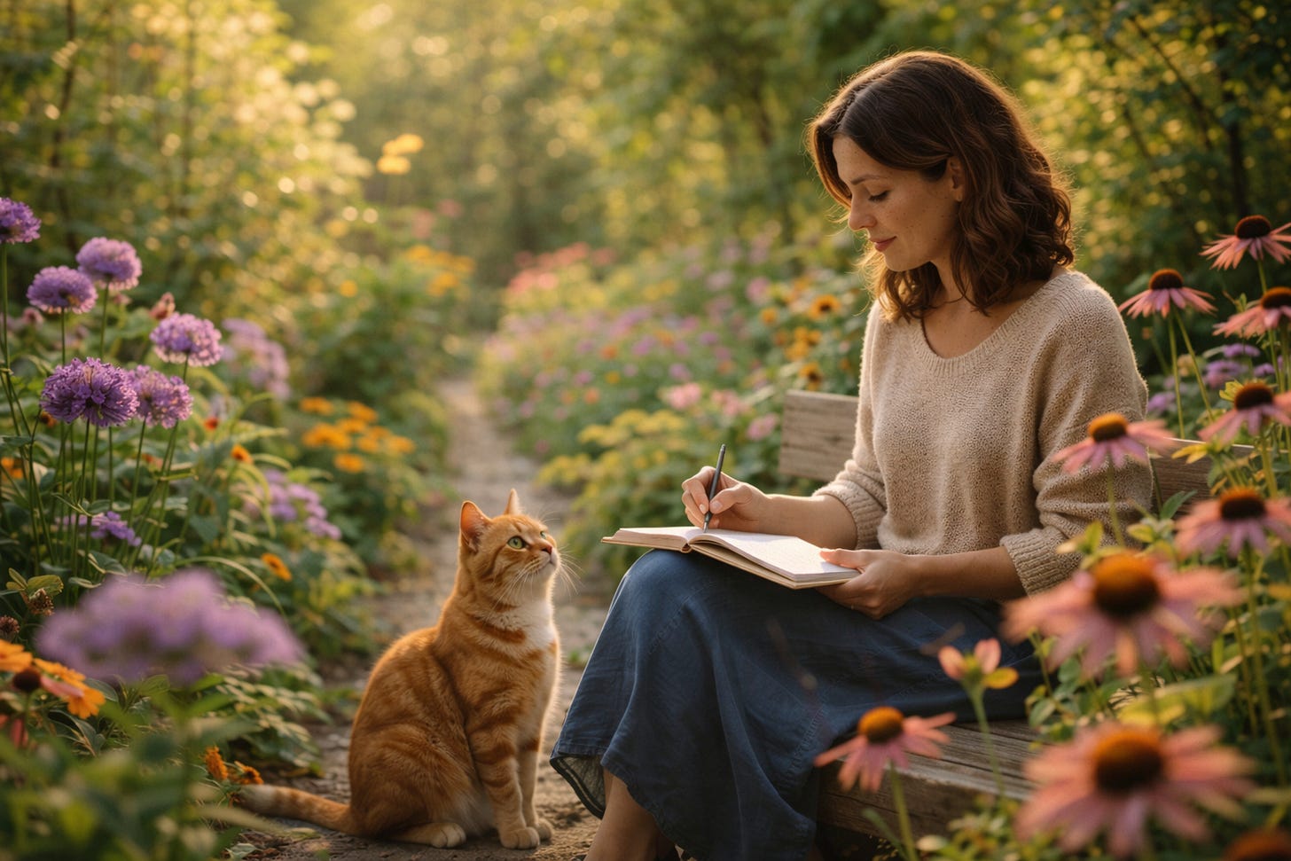 a writer sitting in a garden among the flowers being watched by a cat