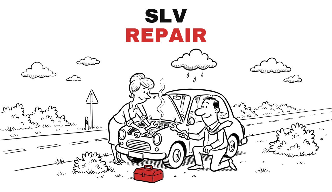 Trade Repair SLV, Repair. Hand-drawn cartoon: the two of them repair a small car at the roadside under a rain cloud, a toolbox beside it. Trade Repair SLV, Repair. Hand-drawn cartoon: the two of them repair a small car at the roadside under a rain cloud, a toolbox beside it.