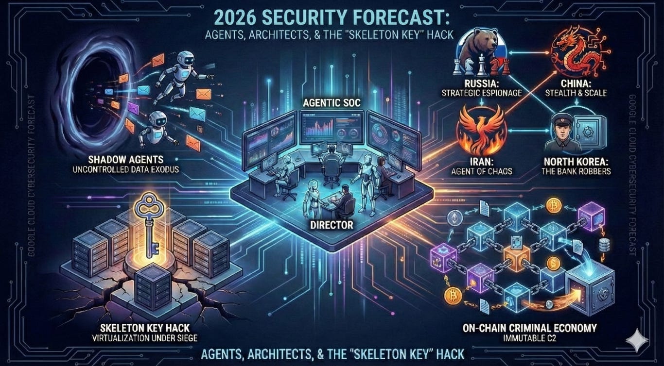 A comprehensive cybersecurity illustration titled 'The 2026 Security Forecast'. The center features a futuristic 'Agentic SOC' command center with human analysts and AI androids. Surrounding the center are four threat vignettes: robots emerging from a 'Shadow Agent' portal, a glowing 'Skeleton Key' cracking a server foundation, a neon 'On-Chain' blockchain network, and icons representing nation-state actors: a Bear (Russia), Dragon (China), Phoenix (Iran), and Soldier (North Korea).
