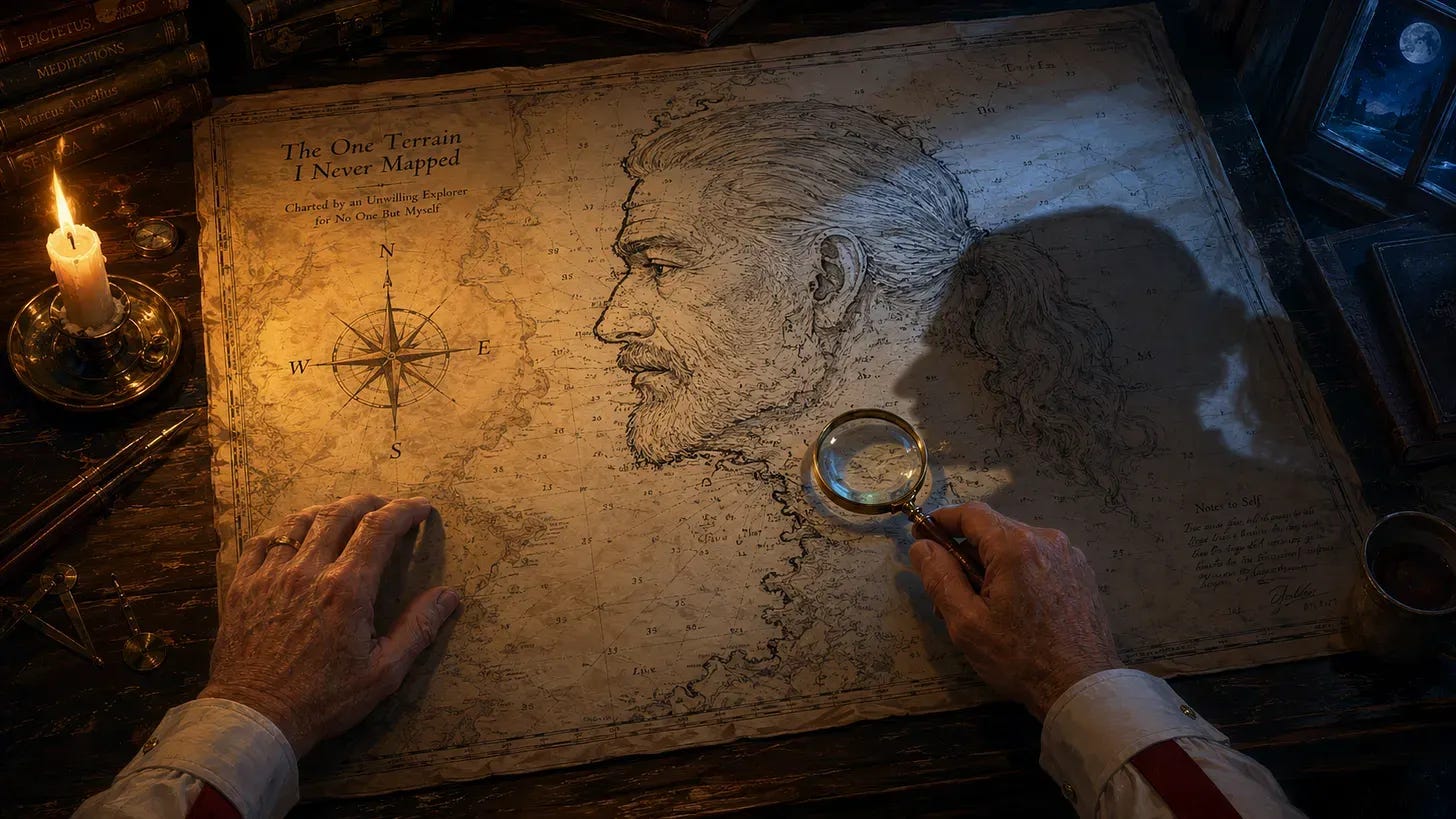 Viewed from above, Rick Horowitz’s hands hold a magnifying glass over an antique map whose coastline forms his own silver-haired, bearded profile. Candlelight and blue moonlight divide the map.
