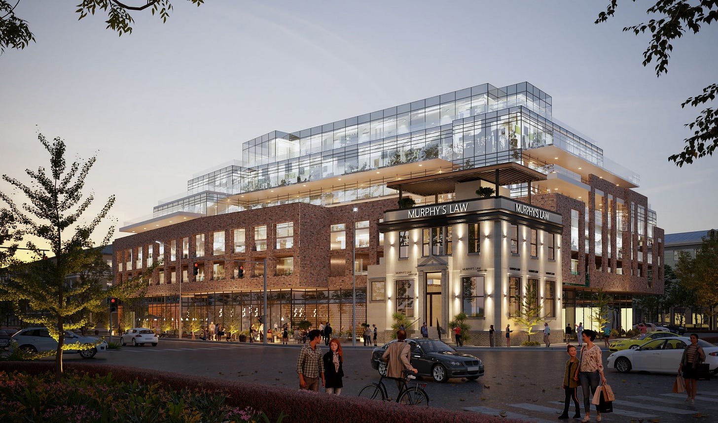 A render of the Sud Group proposal for Queen East & Kingston Road, showing a development attached to the Murphy's Law pub A render of the Sud Group proposal for Queen East & Kingston Road, showing a development attached to the Murphy's Law pub