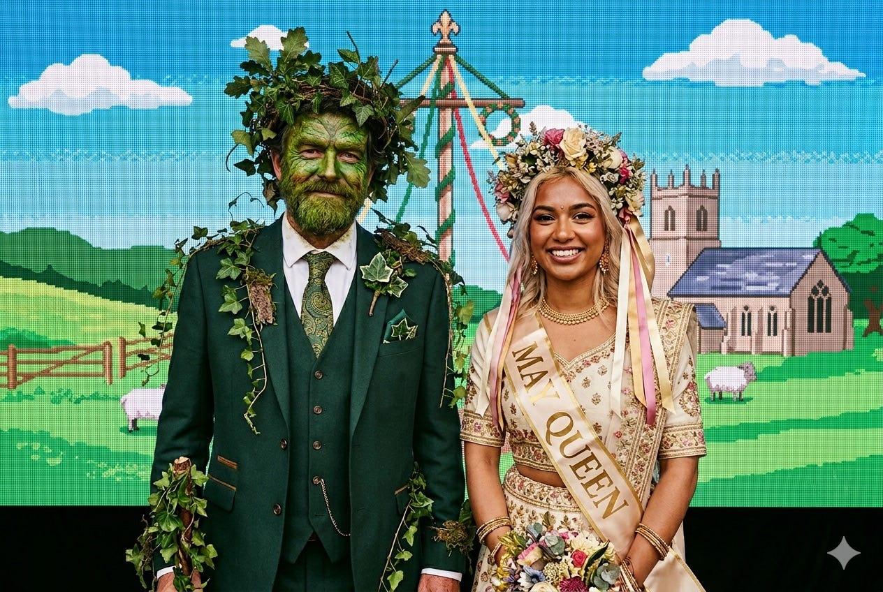 Modern versions of two British traditional characters, The Green Man and The May Queen, posed in front of a digital screen showing a low resolution image of the British countryside.