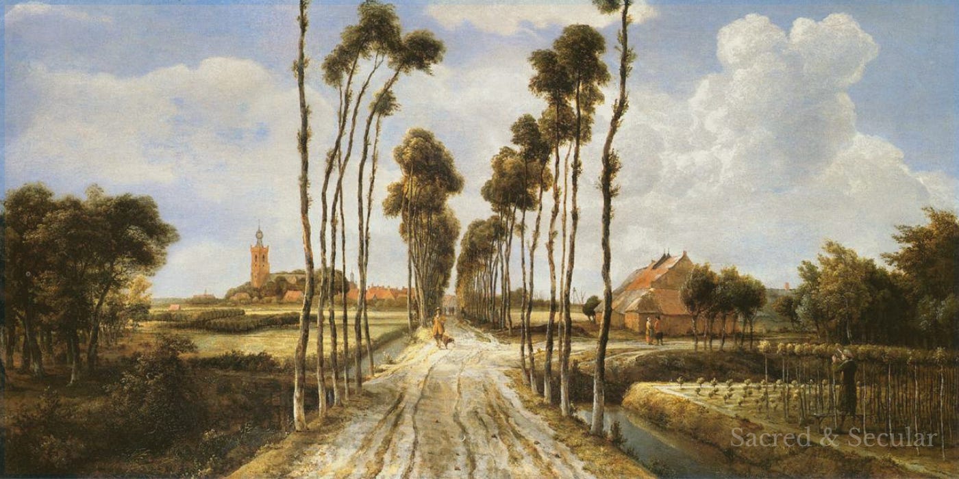 A seventeenth-century Dutch landscape showing a long, straight road lined with tall trees leading towards the distant town of Middelharnis. Fields, waterways and people at work surround the road beneath a wide sky, creating a strong sense of ordinary life continuing towards the horizon. A seventeenth-century Dutch landscape showing a long, straight road lined with tall trees leading towards the distant town of Middelharnis. Fields, waterways and people at work surround the road beneath a wide sky, creating a strong sense of ordinary life continuing towards the horizon.