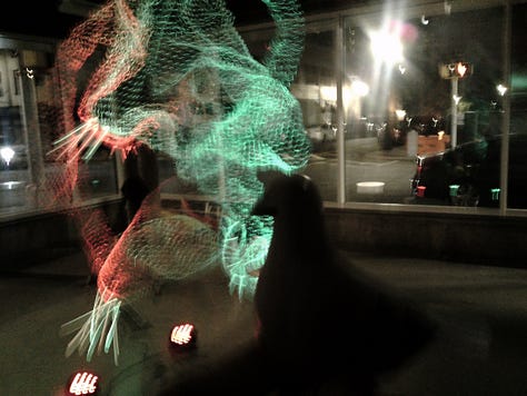 In first picture, CB pigeon by the headphones and screen of Kelly Ann Pinho's video piece -- as pictured, a still from video where pale woman with blank eyes stares out in pale light; second piece, silhouette of CB pigeon in front of one of the light scultures by Sunil Garg. This one looks like a combination of DNA and a jellyfish in red and green; in third photo, CB pigeons looks on at a section of the Newark Wetlands Project, from Amanda Thackery and collaborators. As pictured, a green-blue-lit canopy made from newspaper, along with blue-green tapestries and a section of a swampy pool.