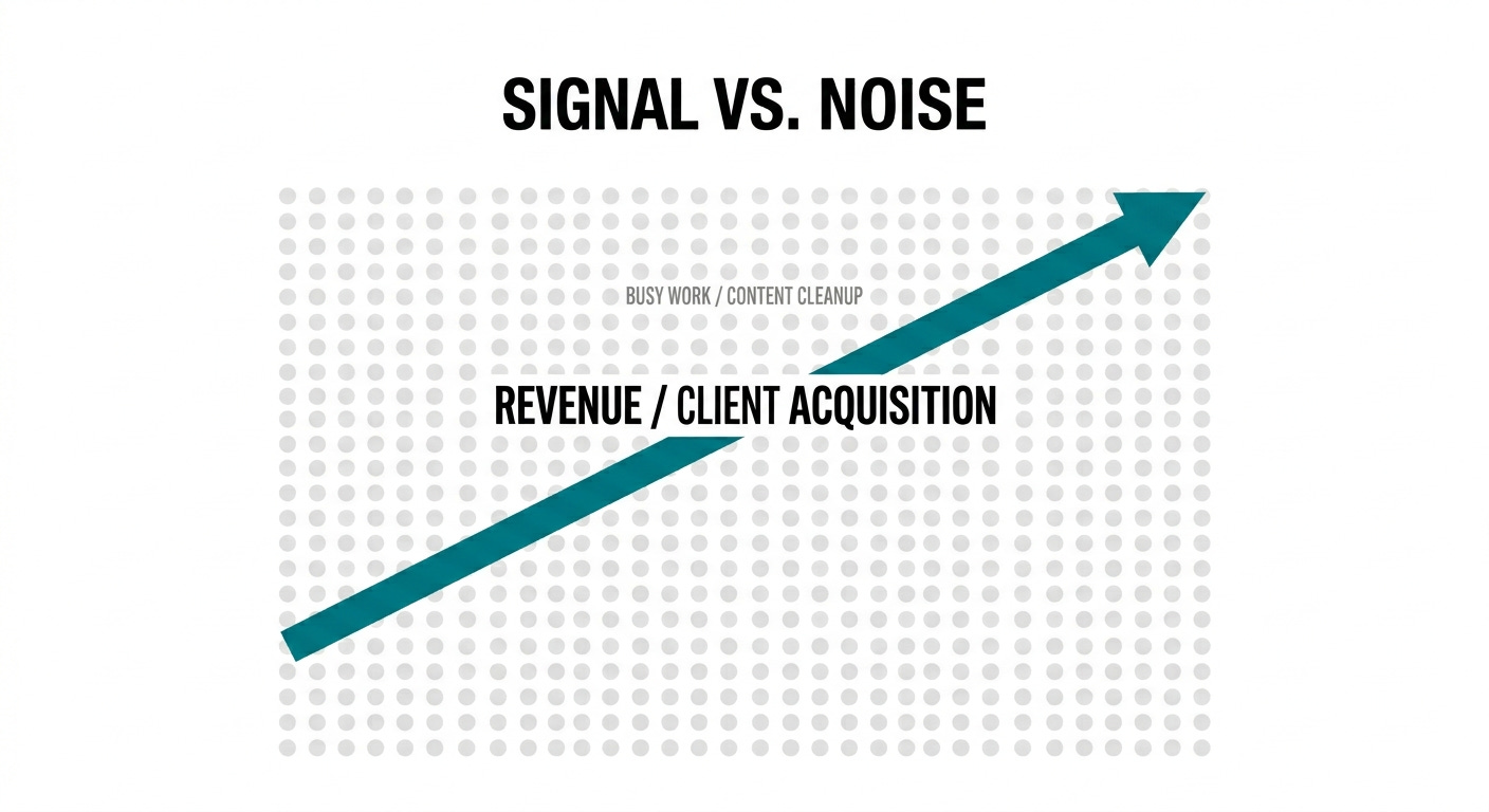 Signal vs. noise diagram showing how solopreneurs can use AI for revenue tasks instead of busy work Signal vs. noise diagram showing how solopreneurs can use AI for revenue tasks instead of busy work