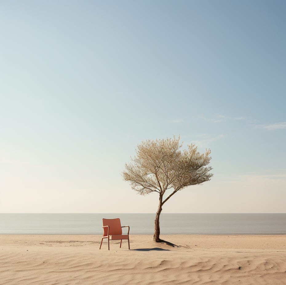 an ai generated tree and chair in the middle of the beach with the ocean behind them
