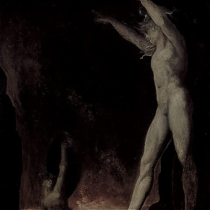 This may contain: a painting of two men standing next to each other in front of a dark background