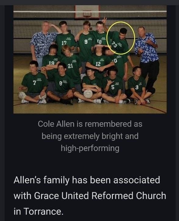 May be an image of phone and text that says '4:21 3 12 0 7 ColeAllen Cole Allen is remembered as being extremely extre bright and high-performing Allen's family has been associated with Grace United Reformed Church in Torrance. Photos from his youth show Allen participating in volleyball through Pacific Lutheran High School, which Reply Forward 유'
