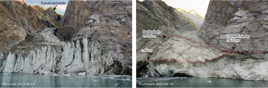 Before and after the landslide-tsunami.