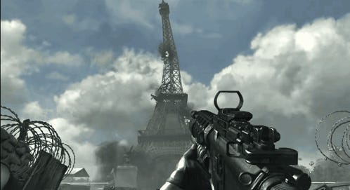 Torre Eiffel sendo bombardeada em Modern Warfare 3.