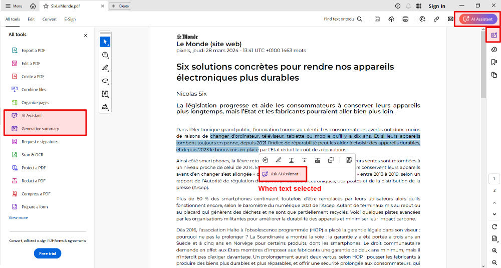 écrans d'Adobe Reader, avec les boutons IA mis en avant