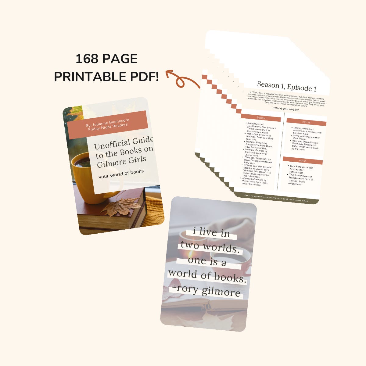 COLLAGE OF 168 PAGE PRINTABLE PDF GUIDE TO BOOKS ON GIMORE GIRLS