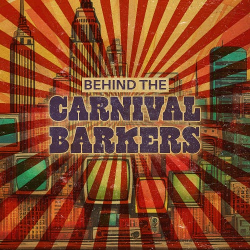 illustrated city skyline with vintage television sets with a red carnival stripes overlay