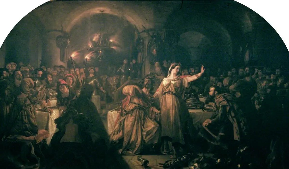 "The Banquet Scene in Shakespeare's 'Macbeth,'" 1840, by Daniel Maclise. Oil on canvas; 72 inches by 120 inches. Guildhall Art Gallery; London. (Public Domain)