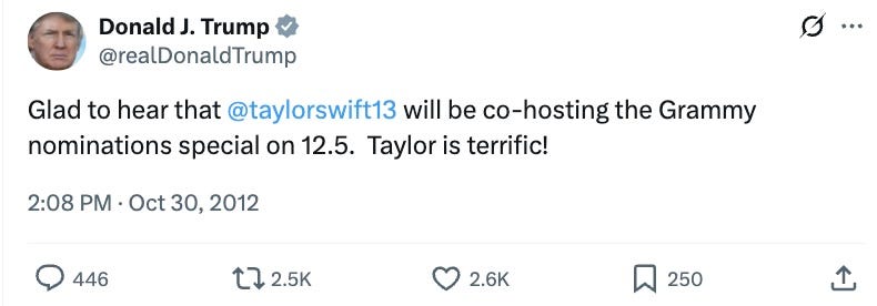 Glad to hear that @taylorswift13 will be co-hosting the Grammy nominations special on 12.5. Taylor is terrific! 2:08 PM · Oct 30, 2012 Glad to hear that @taylorswift13 will be co-hosting the Grammy nominations special on 12.5. Taylor is terrific! 2:08 PM · Oct 30, 2012