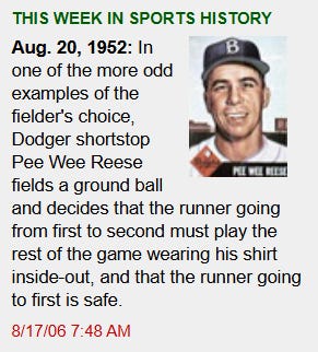 A graphic from The Onion titled "THIS WEEK IN SPORTS HISTORY" displaying a vintage Topps baseball card of Pee Wee Reese in a Dodgers uniform alongside the date "Aug. 20, 1952." The accompanying text reads: "In one of the more odd examples of the fielder's choice, Dodger shortstop Pee Wee Reese fields a ground ball and decides that the runner going from first to second must play the rest of the game wearing his shirt inside-out, and that the runner going to first is safe." Dated 8/17/06 at 7:48 AM.
