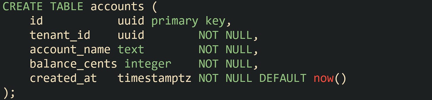 CREATE TABLE accounts ( id uuid primary key, tenant_id uuid NOT NULL, account_name text NOT NULL, balance_cents integer NOT NULL, created_at timestamptz NOT NULL DEFAULT now() ); CREATE TABLE accounts ( id uuid primary key, tenant_id uuid NOT NULL, account_name text NOT NULL, balance_cents integer NOT NULL, created_at timestamptz NOT NULL DEFAULT now() );