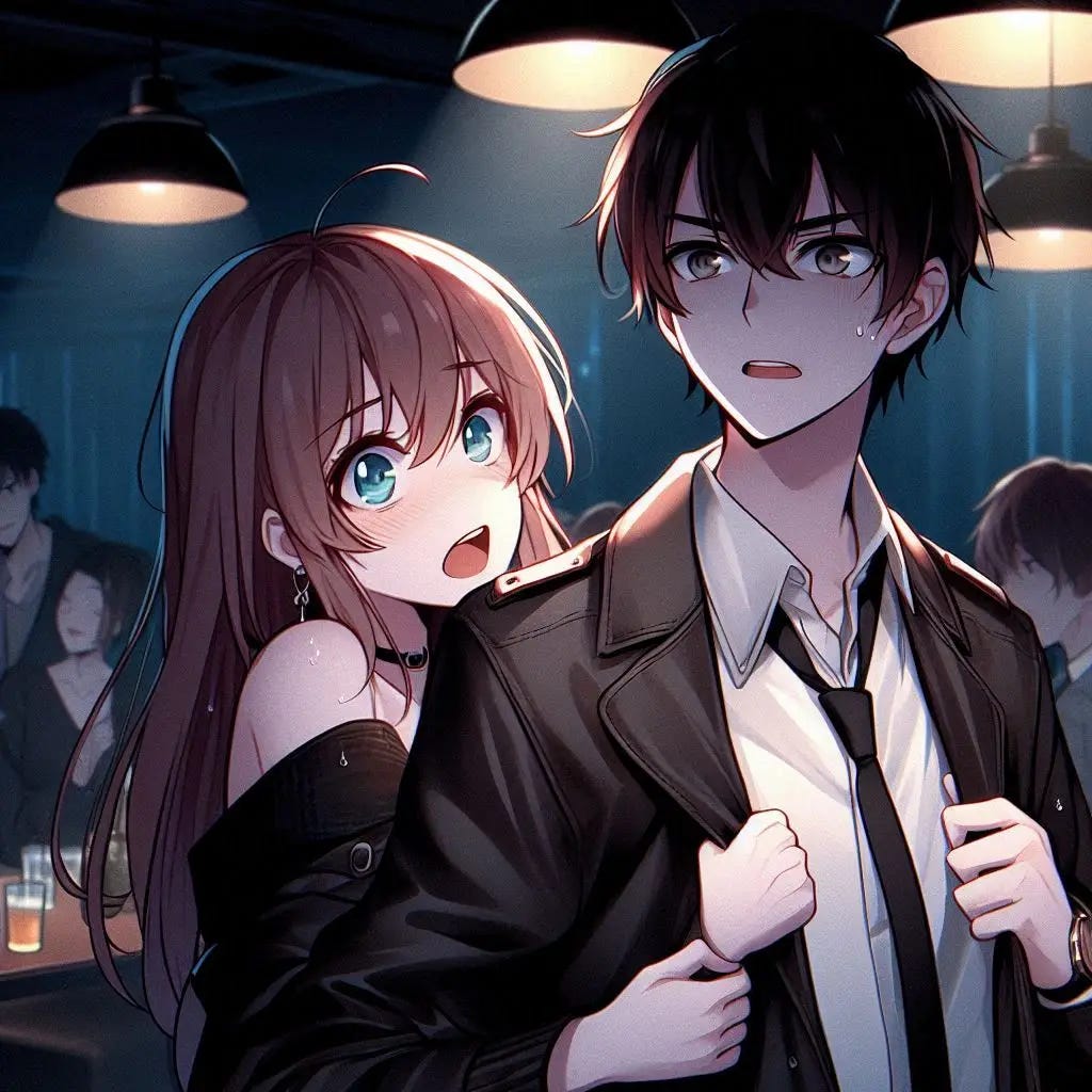 a girl grabs a young man with brow hair's jacket sleeve and the man looks scared in a nightclub at night. anime art style dark.