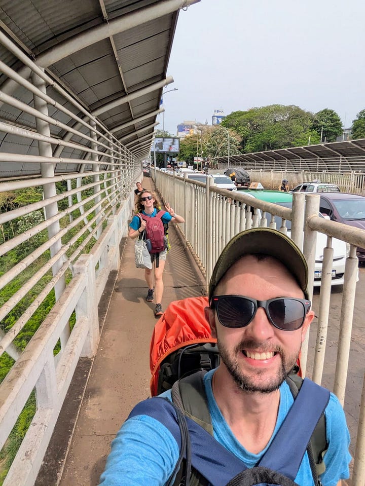 Left: crossing the border from Paraguay to Brazil on foot; Right: just a fun photo of us living our best travel lives in the Chilean Atacama