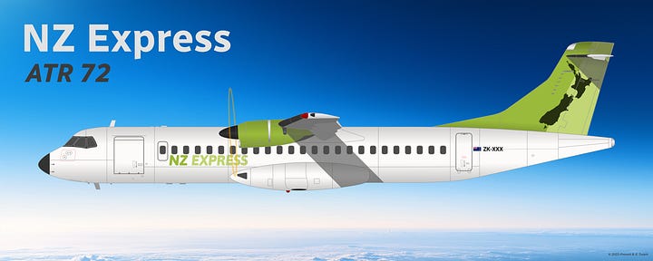 The four current aircraft types departing the NZ Express fleet by 2027: (1) Airbus A318, (2) Airbus A319ceo, (3) ATR 42, and (4) ATR 72 - all seen in the current NZ Express "Kiwi" livery and displayed in side view while in midflight.