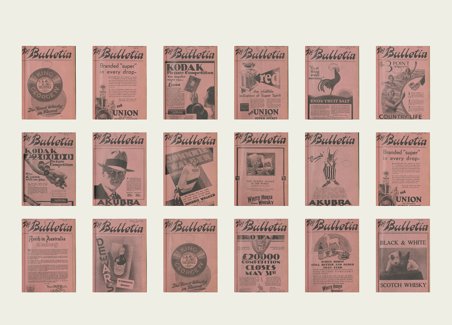 18 small rectangle images of a light red colouring. Each image features the words ‘The Bulletin’ and has a different image below the words.