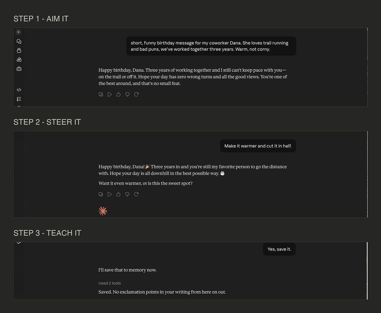The aim, steer, teach arc in three panels: a clean brief, a one-line nudge, and a saved memory. The aim, steer, teach arc in three panels: a clean brief, a one-line nudge, and a saved memory.