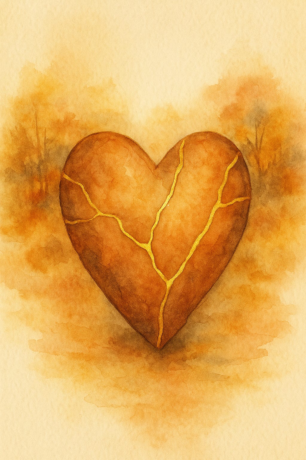 watercolour autumnal trees behind a watercolour orange heart with kintsugi golden veins - CreaTEAvity Studio