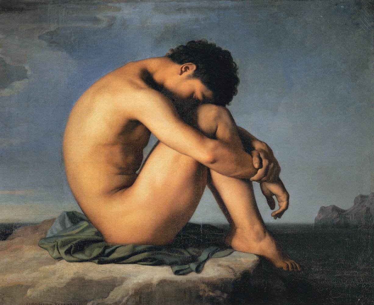 Naked youth curled on a rock, face hidden on his knees Naked youth curled on a rock, face hidden on his knees