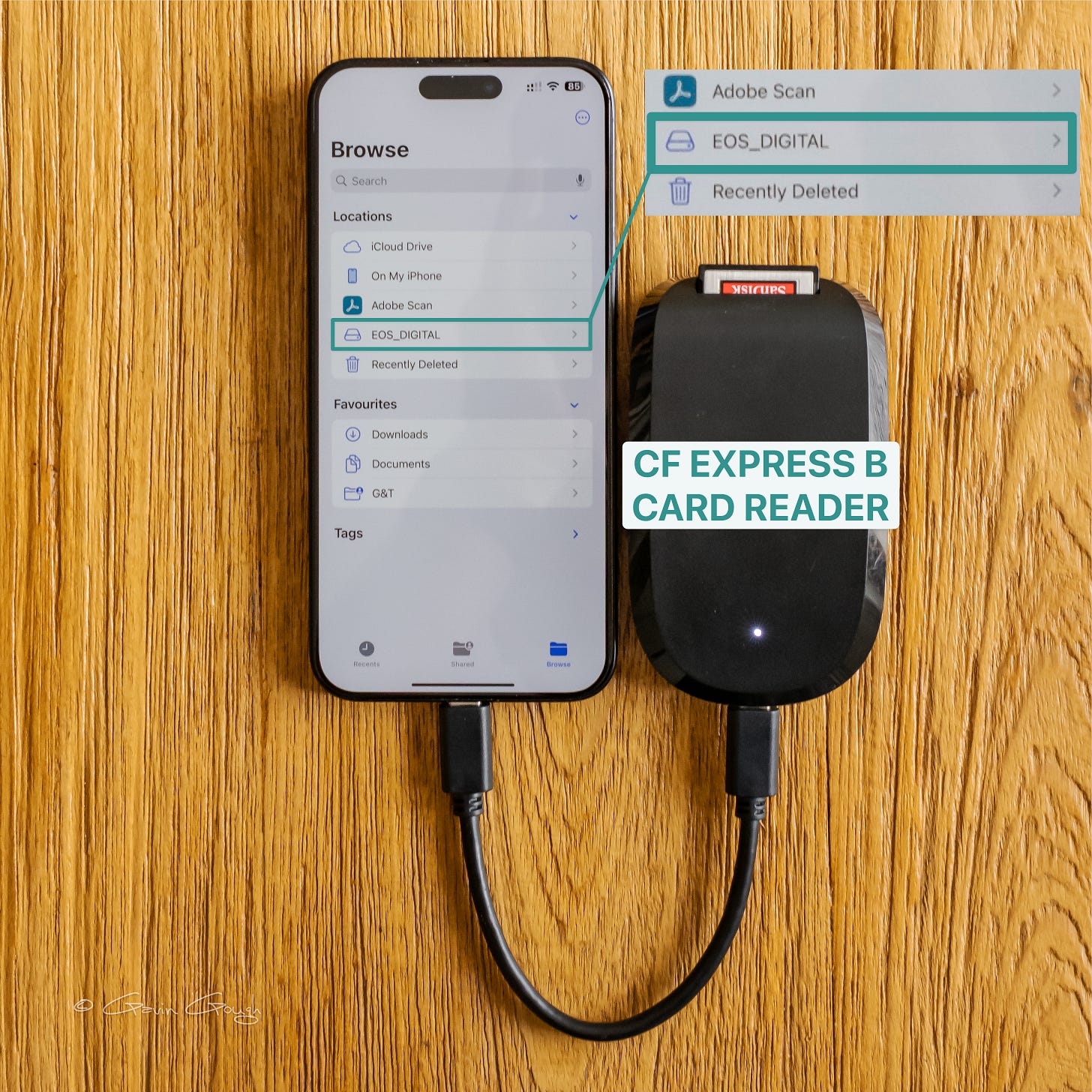 iPhone with CF Express card reader attached. The card shows up as EOS_DIGITAL in this example.