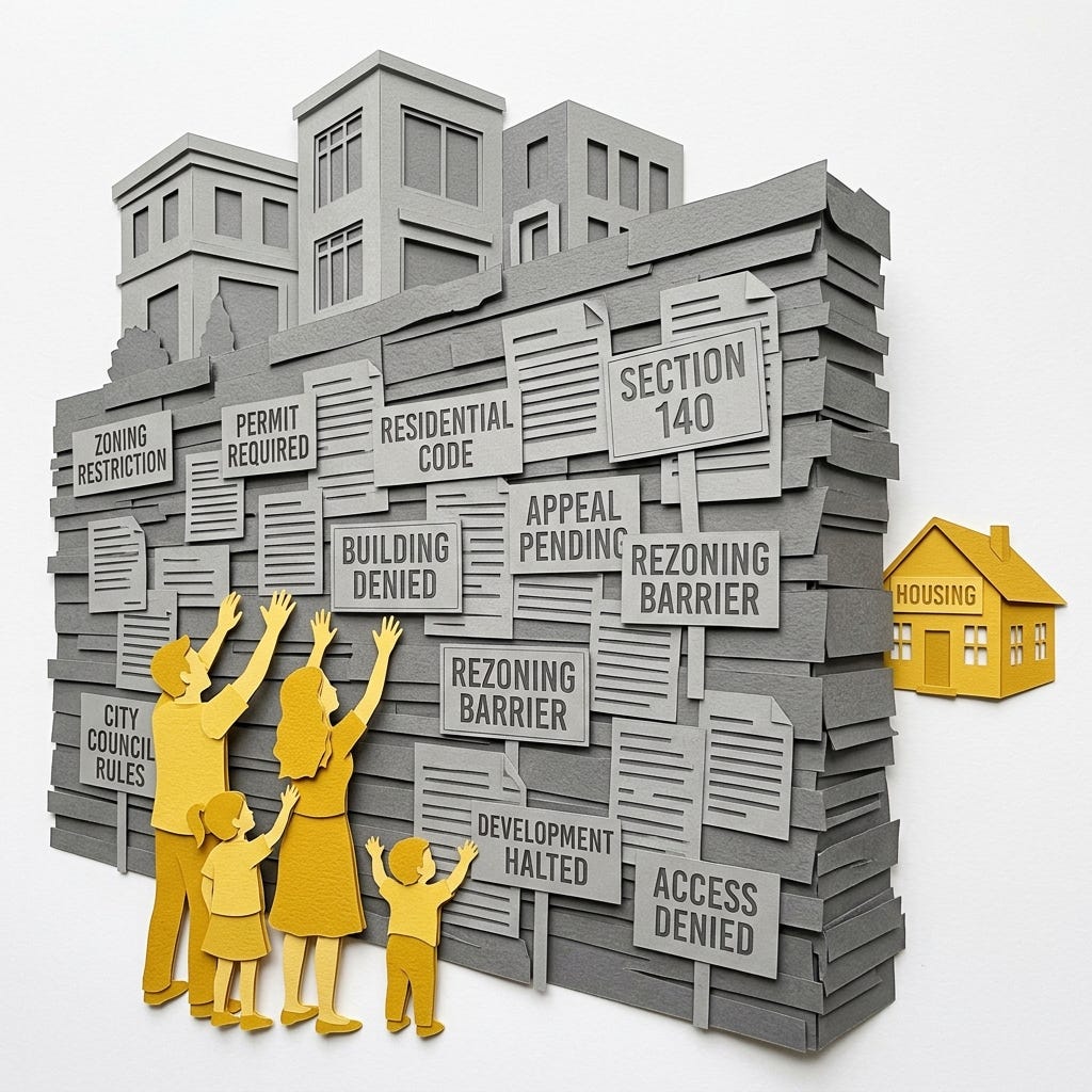 Layered papercut of a grey wall built from stacked layers of zoning restriction signs and permit documents, with golden yellow family figures reaching upward toward a small golden yellow house visible just beyond the wall, while large grey luxury towers loom above the wall on the far side, illustrating how the bureaucratic apparatus of zoning and permitting forms the primary barrier between American families and affordable housing, with the regulatory maze serving established property owners while blocking everyone still trying to find a place to live Layered papercut of a grey wall built from stacked layers of zoning restriction signs and permit documents, with golden yellow family figures reaching upward toward a small golden yellow house visible just beyond the wall, while large grey luxury towers loom above the wall on the far side, illustrating how the bureaucratic apparatus of zoning and permitting forms the primary barrier between American families and affordable housing, with the regulatory maze serving established property owners while blocking everyone still trying to find a place to live