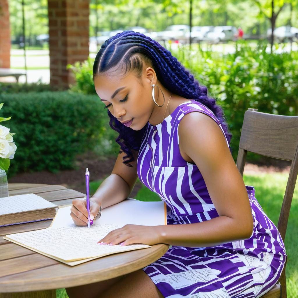 Young youthful African American Woman wearing purple and white  writing a letter in the summertime writing on a book at a table