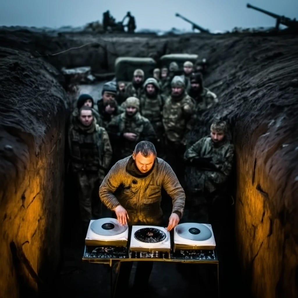 DJ spinning turntables for ukrainian soldiers in trench warfare