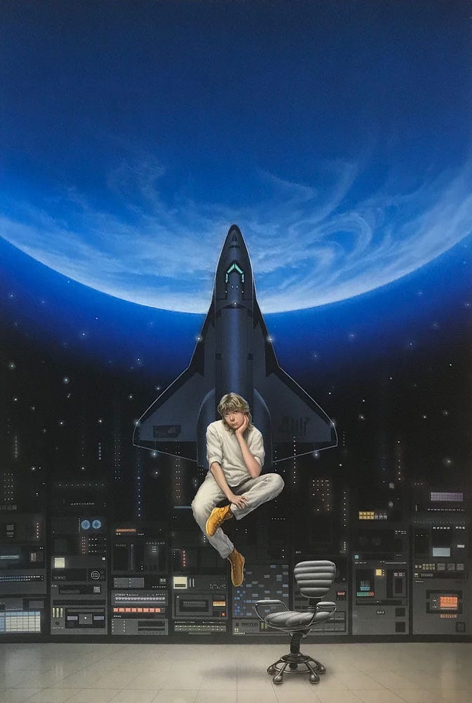 Above an empty swivel chair, a young man floats weightless in front of a bank of mainframe computers. One leg dangles down while the other is folded in front of him. His elbow rests there, propping his head in his cupped hand. His eyes roll as if lost in thought. The lights of equipment behind him give way to stars and the cloudy surface of a blue planet. Framing him—as if imagined or visualized—a spaceship resembling the space shuttle rendered dark gray and black intersects the glowing blue halo of the planet while its wings below become semi-transparent.