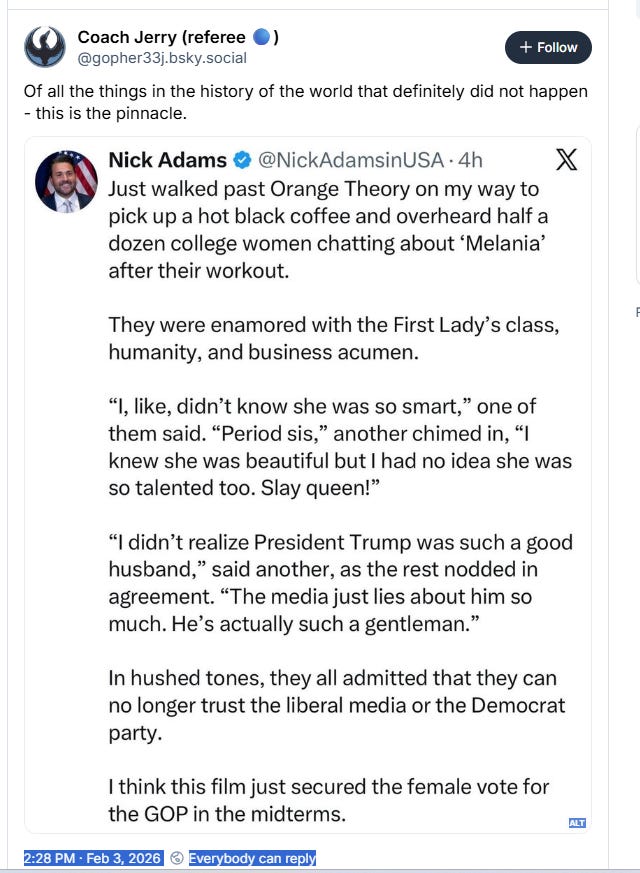 Screen grab from a BlueSky post about the Melania documentary.