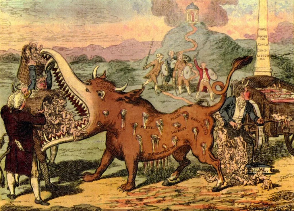 a political cartoon of a demonic bull, right out of elden ring, eating babies