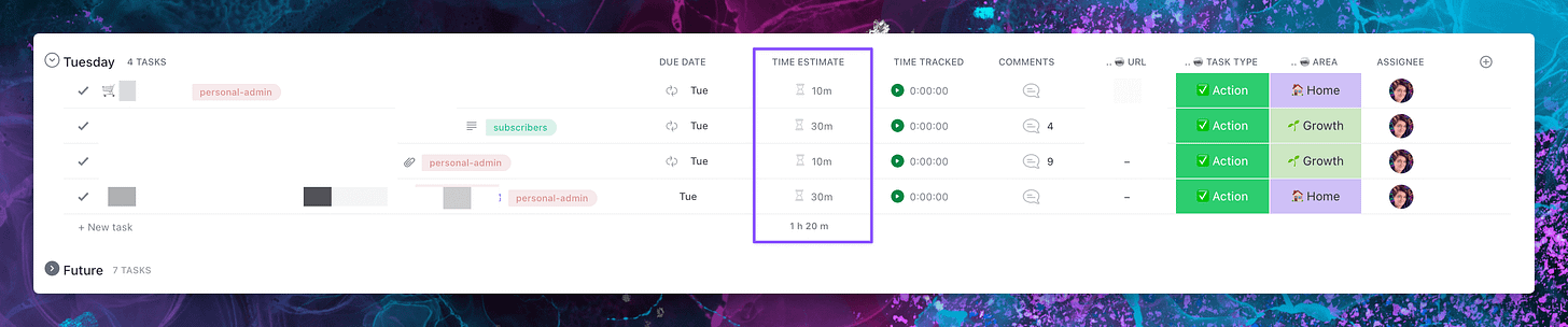 Screenshot of ClickUp showing a time estimate per task