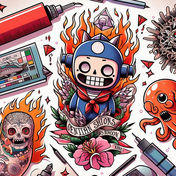 create image of flash paper with anime style tattoos