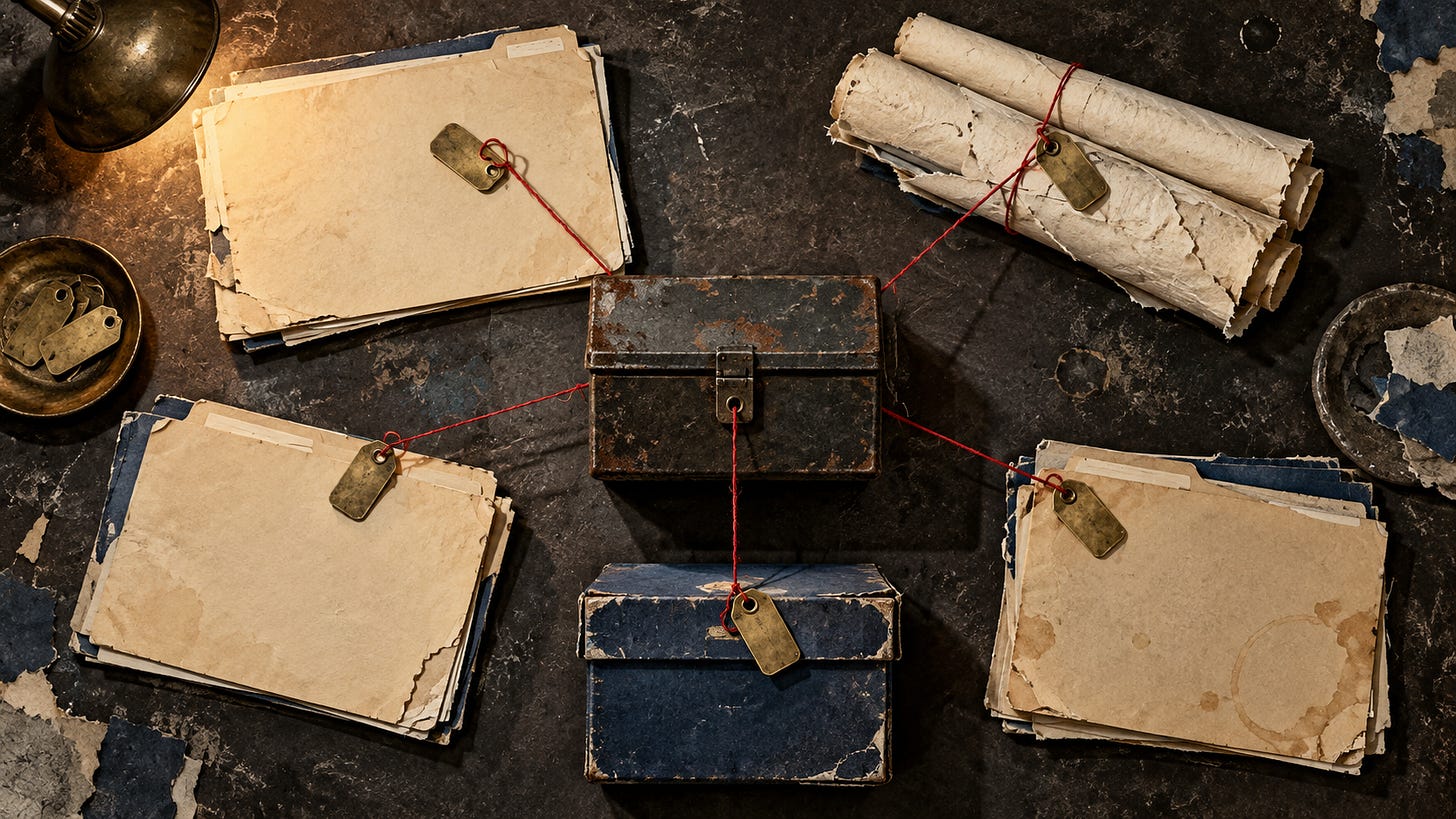 A weathered metal box sits among blank manila folders, rolled paper records, a blue archive box, and brass tags, all connected by one red thread.