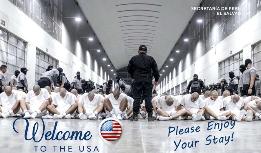 Photo of US deportees in the supermax prison in El Salvador. They sit cross-legged on the floor of a large hall, wearing only white T-shirts, boxer shorts, and socks. Their heads are bowed, and masked guards stand over them. Photoshopped into the image are a sign reading 'Welcome to the USA' and the words 'Please enjoy your stay' in cheerful script