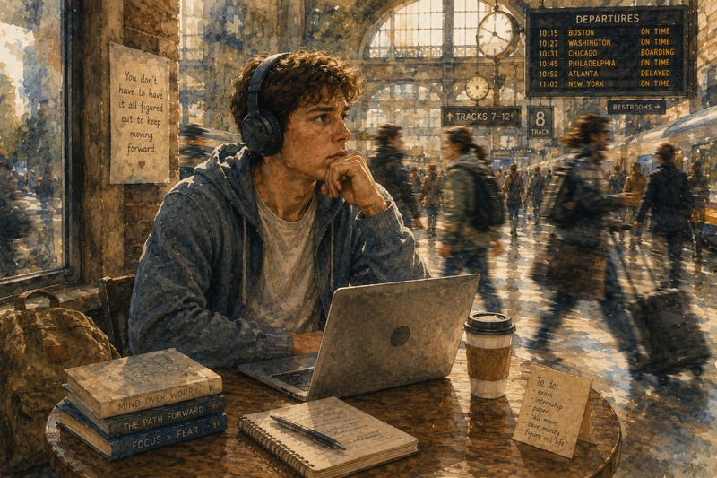 A reflective young man quietly pausing in a crowded train station while dealing with anxiety and life uncertainty A reflective young man quietly pausing in a crowded train station while dealing with anxiety and life uncertainty