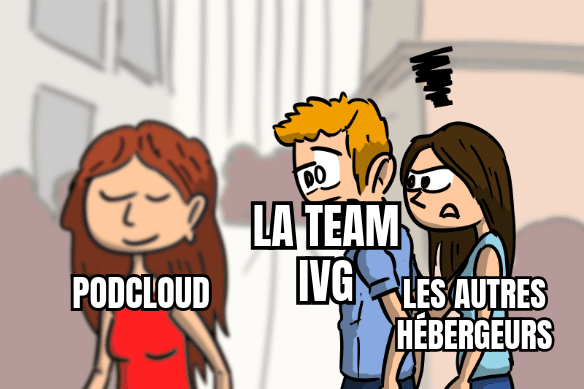 Mème : un homme tagué « la team IVG » regarde d'un œil intéressé une femme taguée « Podcloud », pendant que sa compagne taguée « Les autres hébergeurs » lui lance un regard noir.